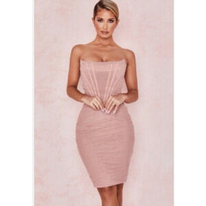 House of CB Pink Blush Mesh Dress Large Mini Bodycon Strapless Corest Bustier